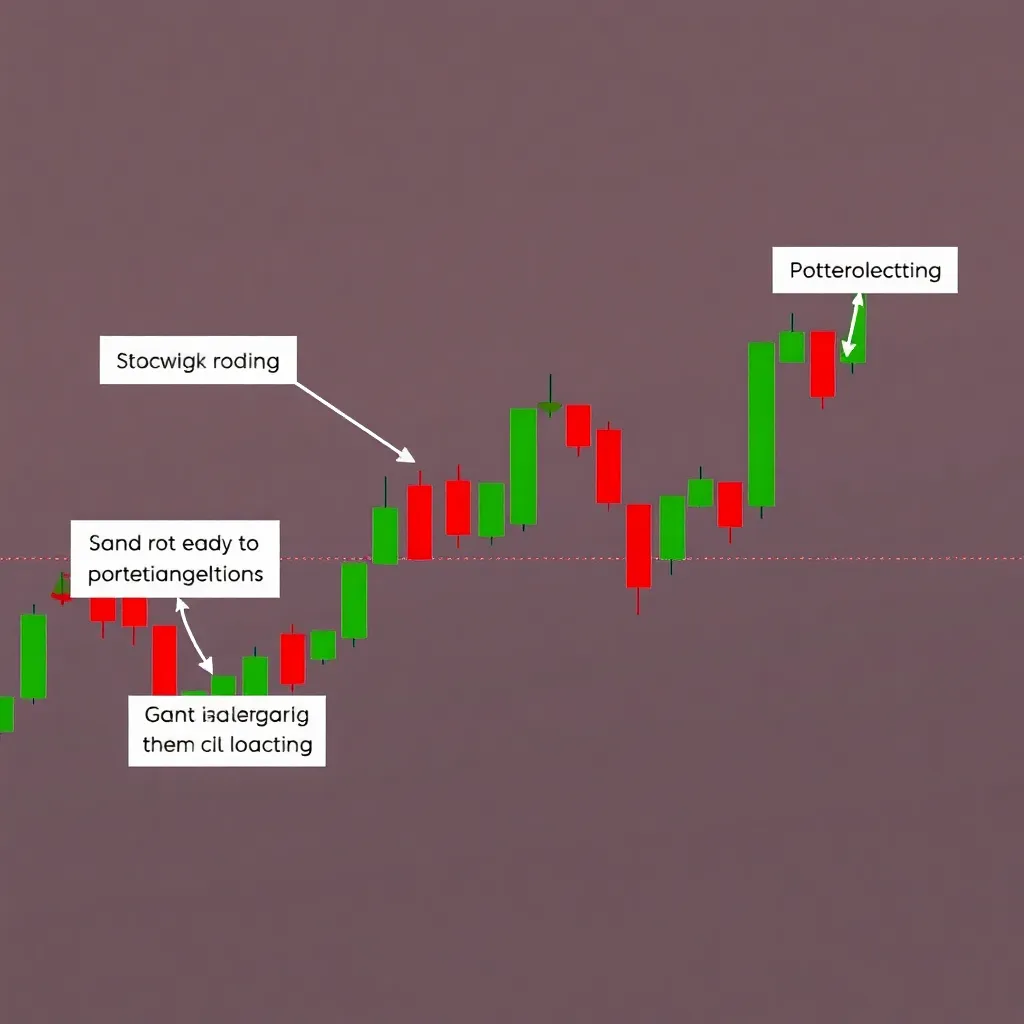 Stock chart with green and red candlesticks and annotations about potential gains